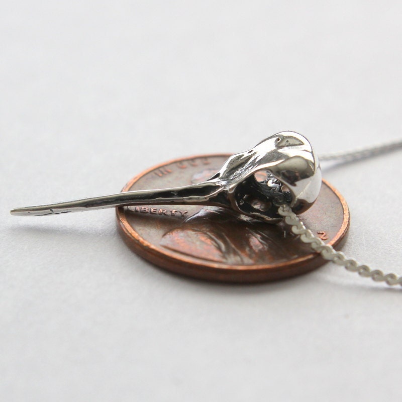 Life Size Sterling Silver Ruby Throated Hummingbird Skull Necklace