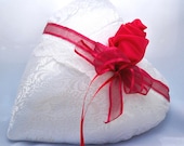 Ring Pillow, White Brocade Heart, Red Rose, Swarovski Crsytals,