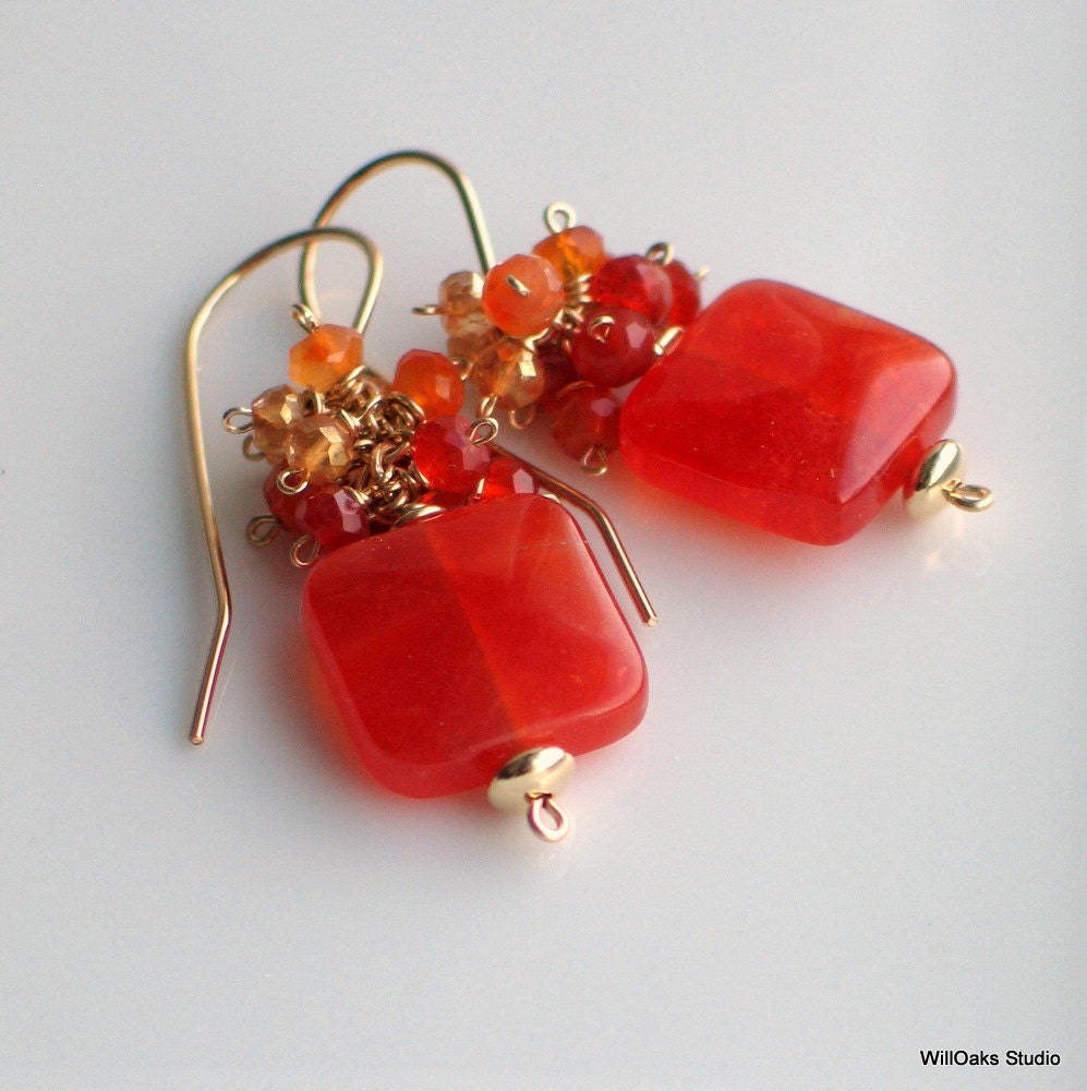 Tangerine Tango Square Gemstone Dangle Earrings, Orange Quartz Citrine Carnelian on Gold Earrings, Sunset Colors, Pantone for 2012
