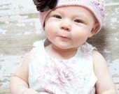 CoTTON CANDY PiNK n' CHoCOLATE Brown Crochet Beanie RHiNESTONE Silk FLOWER CLIP - Hat Fits Babies and Toddlers