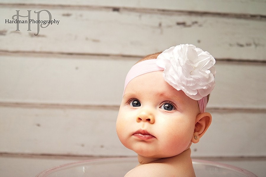 Shabby CHIC White ROSE Bud Rosette Flower headband with Pink Nylon Stretchy Band - Photography Prop