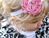 RED n' WHITE 4th of july Gingham Checkered Fabric Rosette Flower - with PEARL - Headband - Fits Babies and Toddlers girls