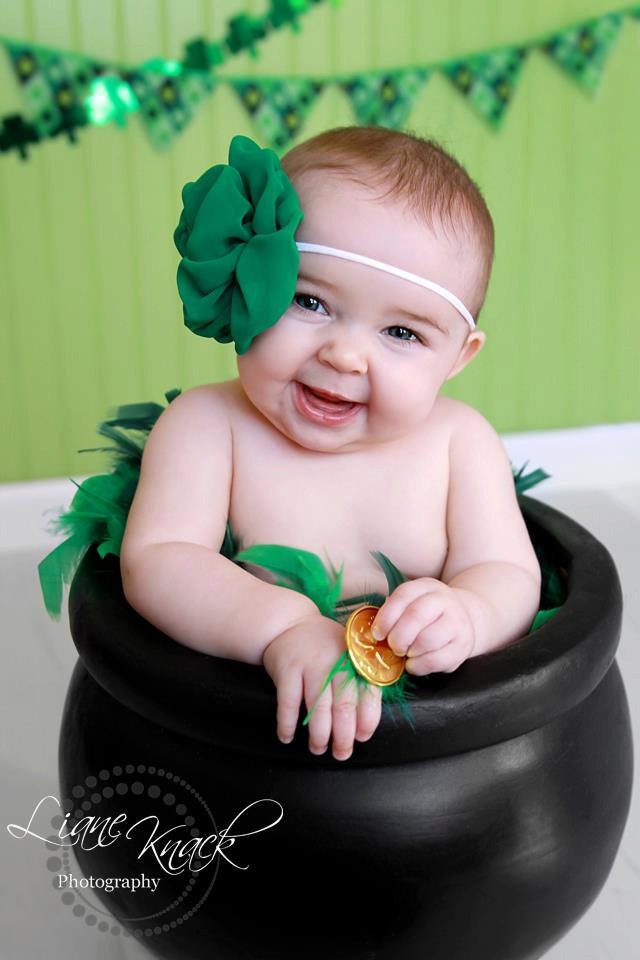 St Patricks Day Headband Green Fabric Flower Puff Rosette with White Band Fits Babies Toddlers Girls