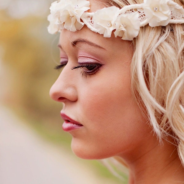 Ruffle Flower and Vintage Lace Wedding Halo Headband - Bridal head piece - wedding hair accessories - ivory and rhinestone flowers