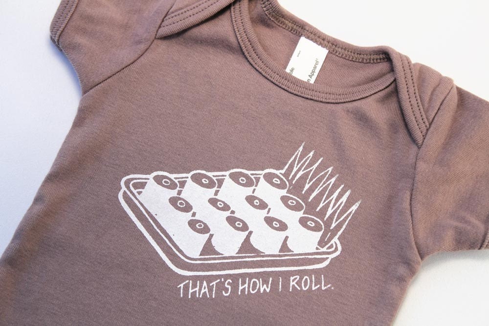 Organic baby bodysuit That's How I Roll, Sushi screen printed cinder with white ink