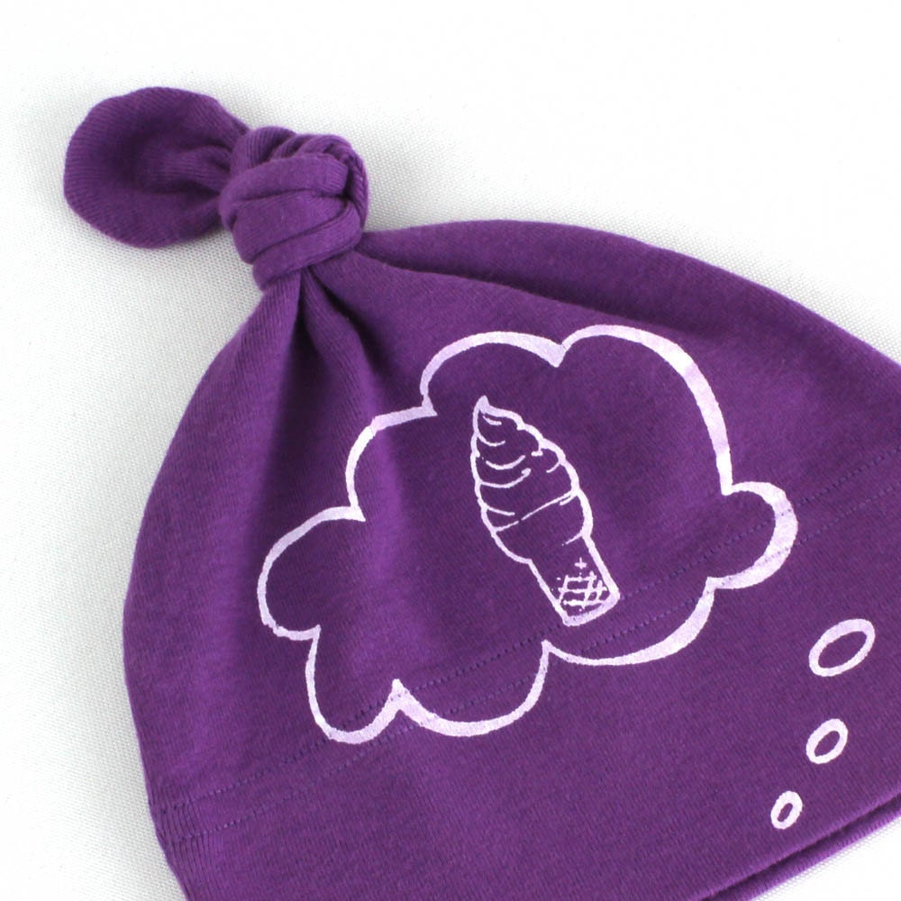 Baby hat organic, ice cream baby thought print purple with white ink
