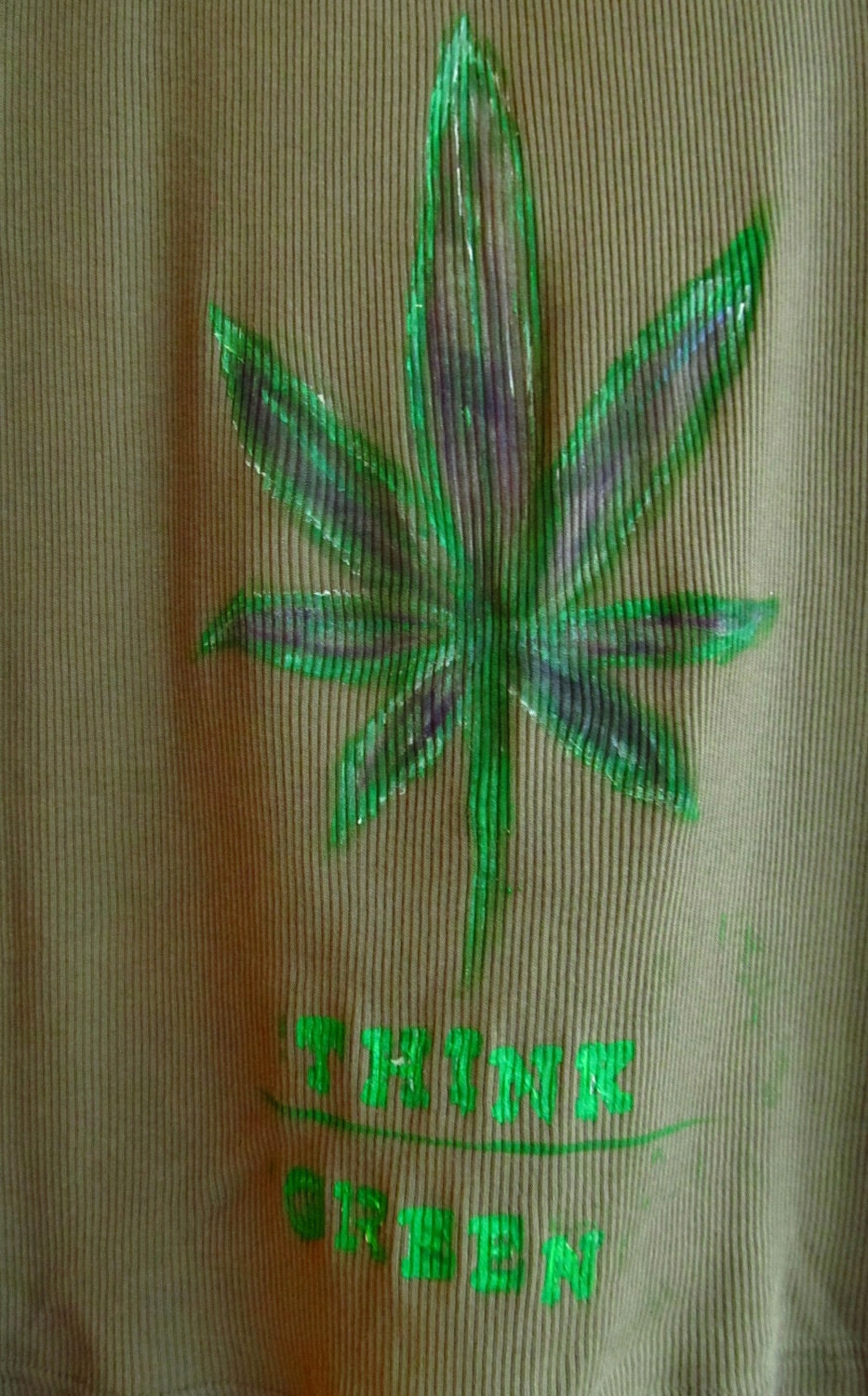 420 Hippy Chic Hemp Leaf Tank Top, Think Green, summer shirt, unisex men/womens size medium, 100percent cotton