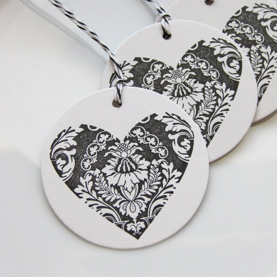 Wedding Favor Tags Damask Heart - Set of 8 - Custom Colors Available - Bridal Shower Tags Wedding Tags Il_570xn