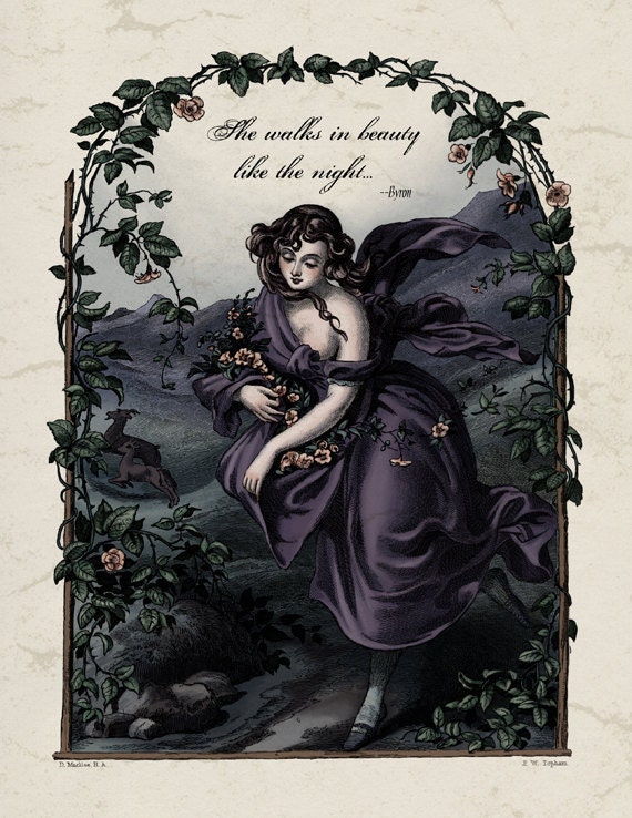 Lord Byron - Regency Poetry She Walks in Beauty Poem Print - Romantic Victorian Art Reproduction Vintage Illustration 19th Century Art Print
