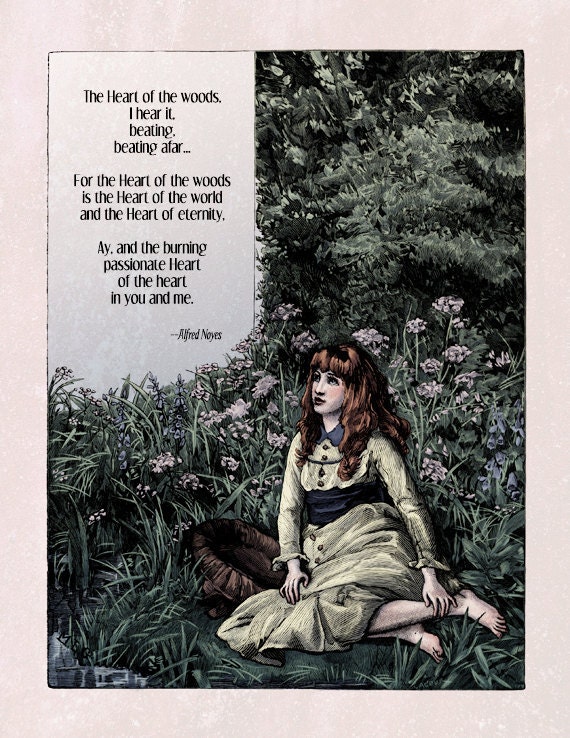 Alfred Noyes - Poetry Art Print Heart of the Woods Dreamy Poem - 19th Century Victorian Print - Vintage Art Forest Illustration Mori Girl