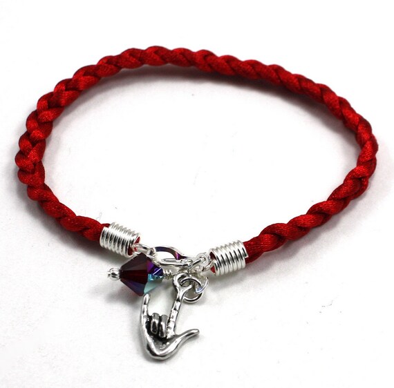 Carmine Red Braided Cord Bracelet with American Sign Language -I Love You - Charm and Garnet Swarovski Crystal