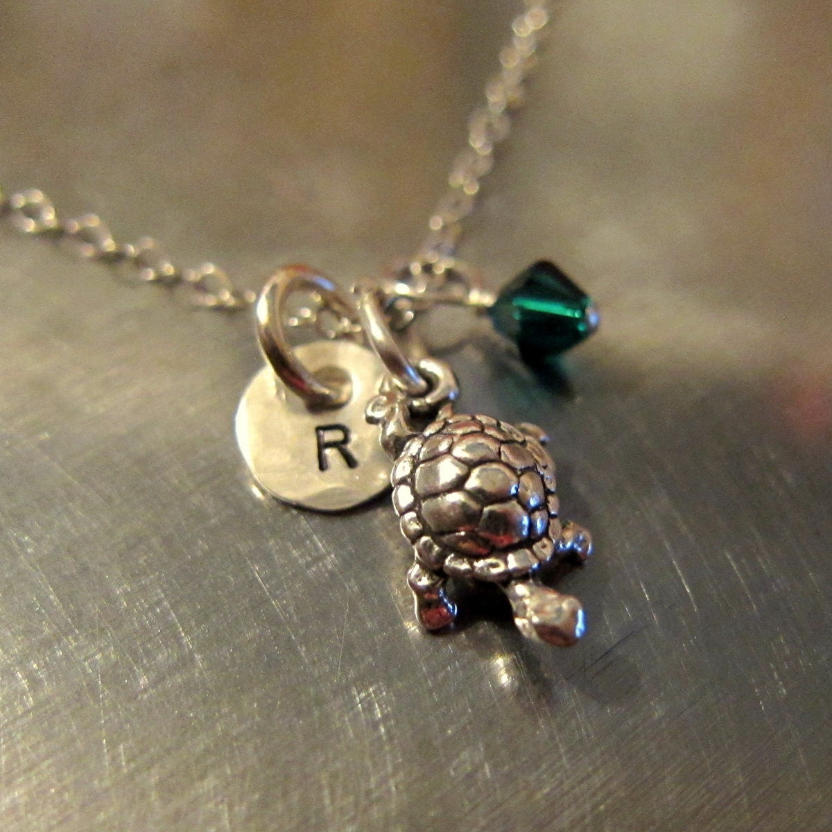 Turtle Necklace - Turtle Hand Stamped Jewelry - Turtle Pendant Charm with Initial and Swarovski Crystal - Charm Chain