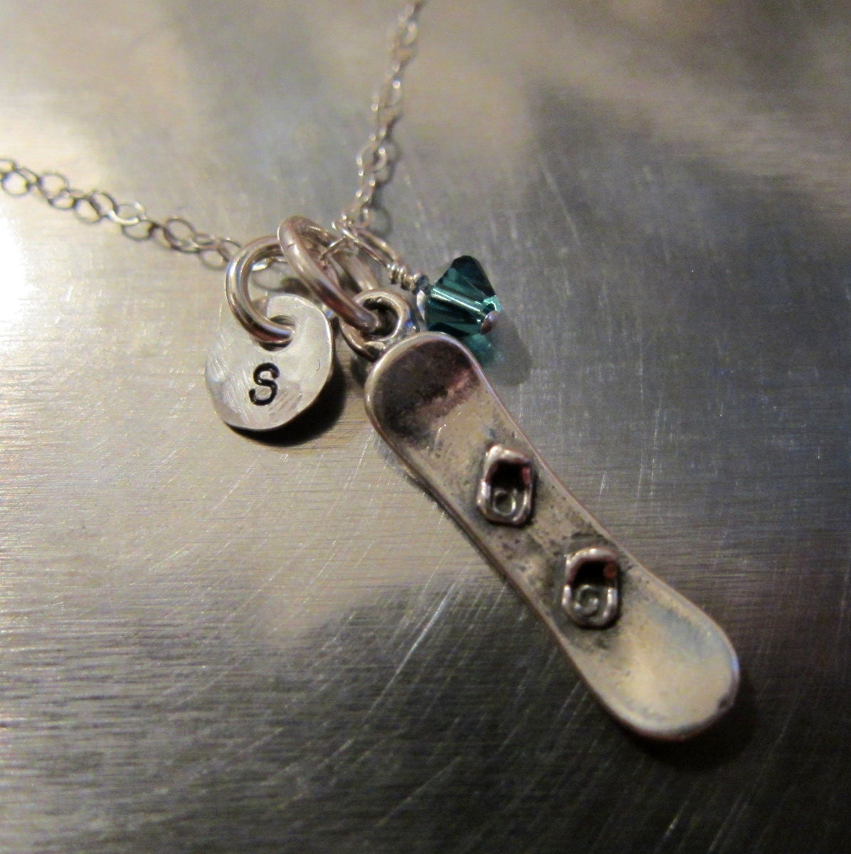 Snowboarding Gift - Snowboarder Charm Necklace with Sterling Silver SNOWBOARD charm, 1/4" hand stamped disc, and Swarovski Crystal