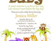 Jungle Animal Friends Custom Unisex Baby Shower Invitation - Safari Zoo Monkey Giraffe Boy Girl Green Orange Brown -5 Designs Printable DIY