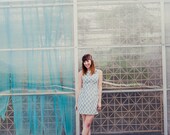 1950's Fitted Blue Ikat Dress- Teal Medallions with Gold Flecks on Cream