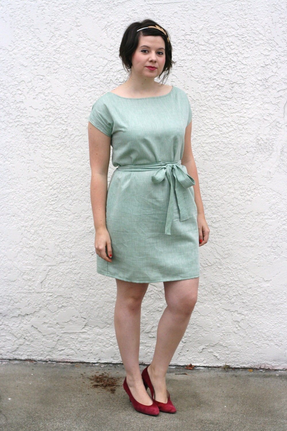 Mint Green Tied Dress- Vintage Inspired Shift Dress in Linen