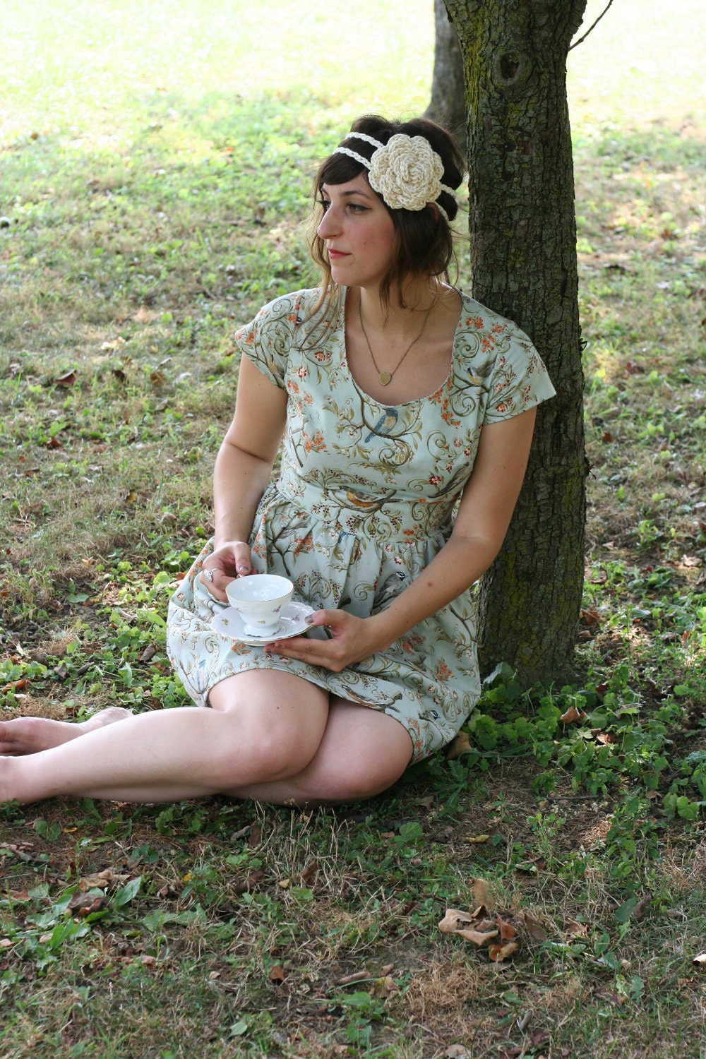 Heart cut out dress- Woodland blue bird- Women's Fashion handmade mint birds dress