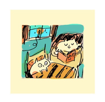 Cat Bedtime Story- Tucked- Fine Art Print- Illustration-Read