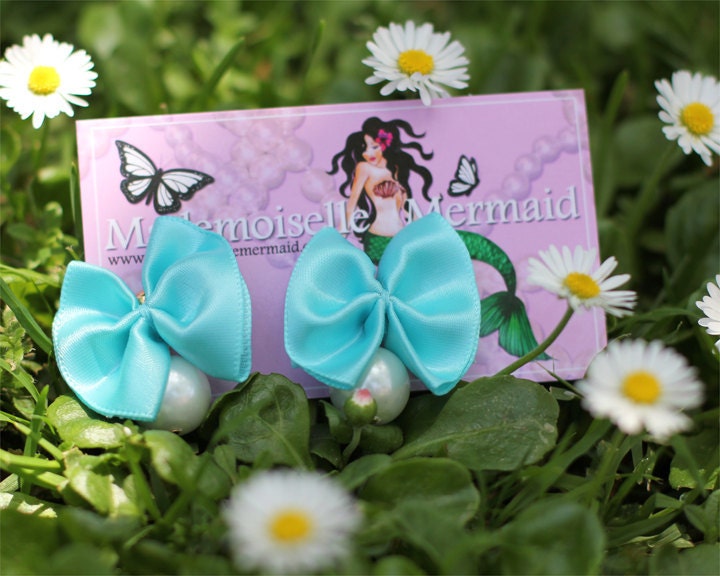 Pearl and Bow Earrings - Kawaii Fashion Accessories - Aqua