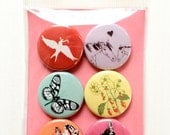 Girl Party - Pinback Buttons badges-set of 6 nature designs, kitty cat, butterfly, strawberries, chipmunk, horse, and birds
