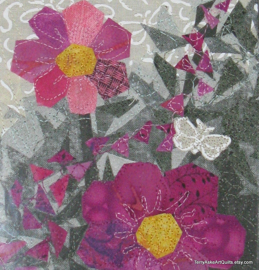 Fabric Collage in Pewter Frame - "Pink Posies"