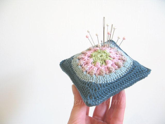Betty modern folk pincushion hand crochet in teal, duck egg blue, taupe & pink with free gift wrapping - MADE TO ORDER, by Emma Lamb