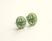 Small Sage Green Flower Cameo Post Earrings Tiny Vintage Floral Studs Hypoallergenic