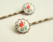Red Tulip Cameo Hair Pins Antiqued Brass Vintage Floral Limoge Set of 2 Victorian Jewelry