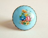 Blue Flower Ring Large Colorful Retro Vintage Plastic Cameo Chunky Boho Light Blue