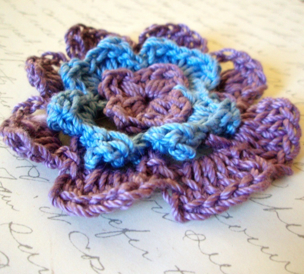 Brooch - Crocheted Royal Bloom Flower Pin - Fiber Art Jewelry - Custom Colors - Leaves also Available (Separate Listing)
