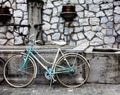 Travel Photography - Blue Bike in Switzerland 12x12 Fine Art Photograph on wood photo block - home decor - mint green bicycle