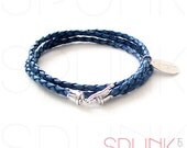 Personalized Handstamped Silver 3mm Braided Leather Triple Wrap Bracelet - NATURAL BLUE