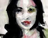 Green and Black Woman's Face Giclee Print 8x10 From Original Watercolor and Acrylic Painting