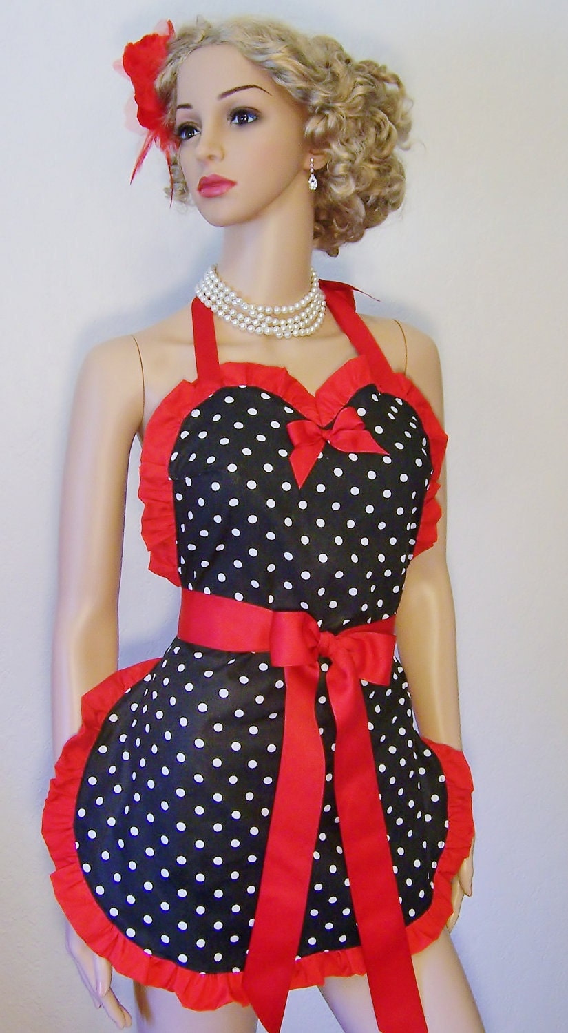 Polka Dot Sweetheart Apron,Black and White, Pin-up, Retro,50's, Rockabilly, Pick your Color
