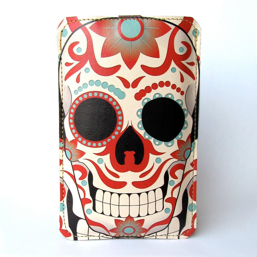 Leather iPhone (ALL) iTouch (ALL) HTC (Mozart/Desire) case - Sugar skull tattoo design