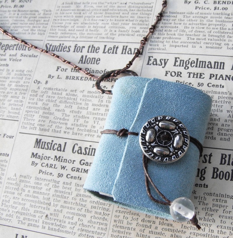 Soft blue journal -  book necklace with copper chain. a locket for your thoughts.