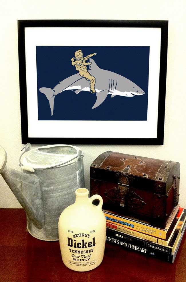 Diver Riding a Shark Art Print -- 11x17 - Free Shipping