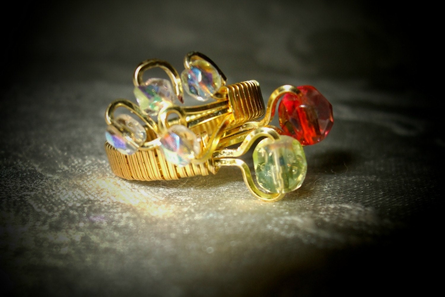 Ring Gold and Crystal Wirewrapped Size 61/2 to 8