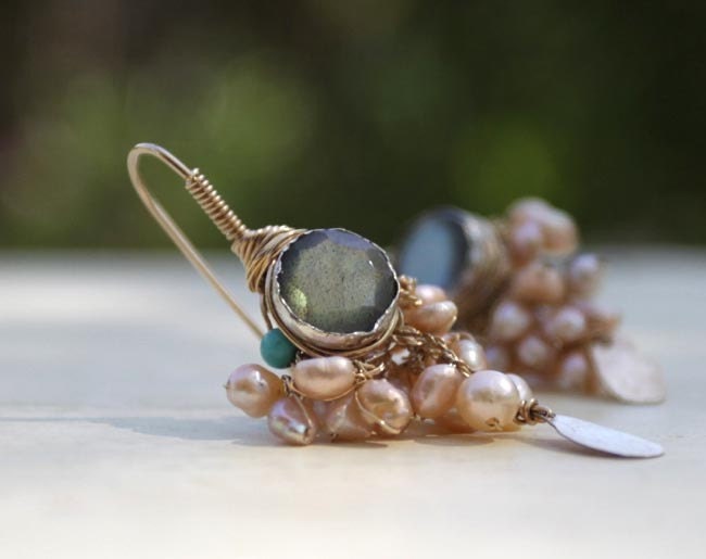 Pearl Jewelry, Goddess Earrings with Bezel set Labradorite and Pearls, Pearl Earrings, 14K gold filled and Pearl, Holiday Pearl Jewelry