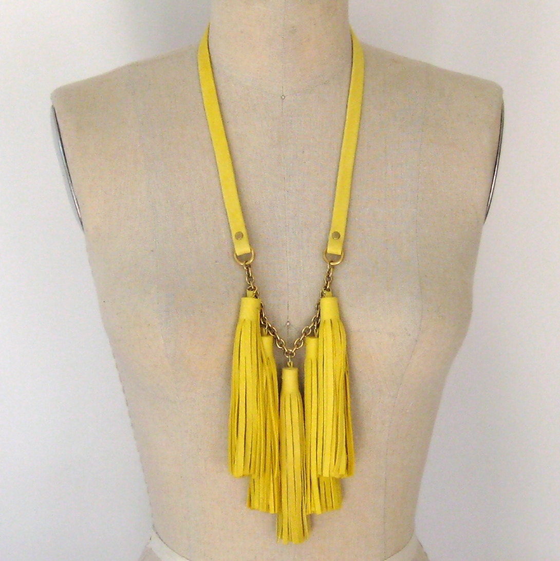 Lemon Yellow Leather Tassel Fringe Necklace
