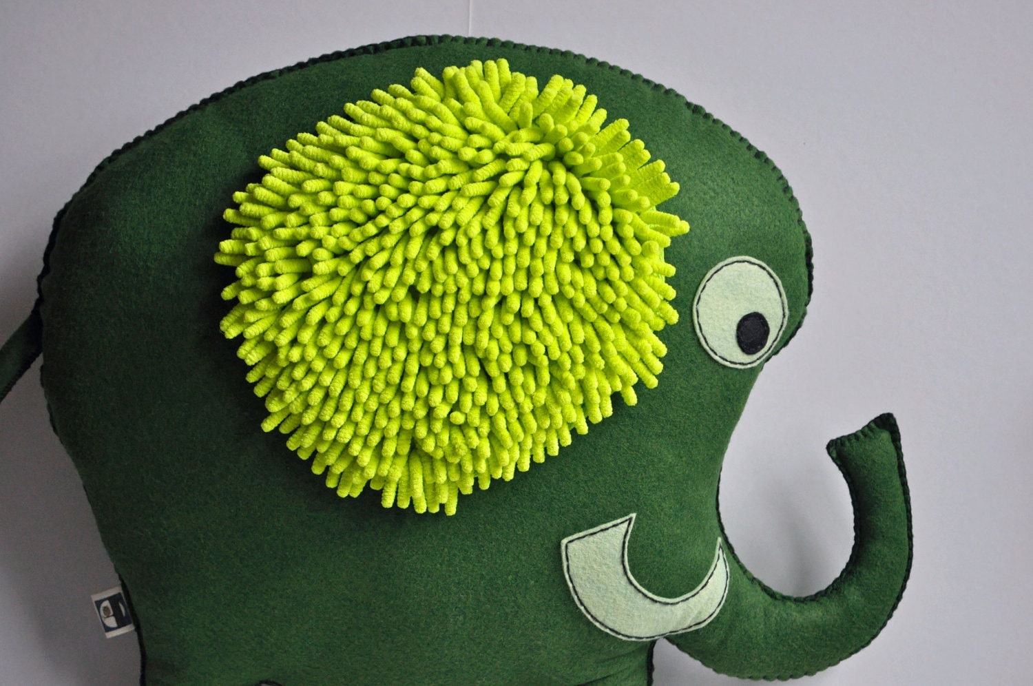 plush Elephant throw pillow - meadow green and neon green accent pillow for sofa or bed - hand sewn - OOAK