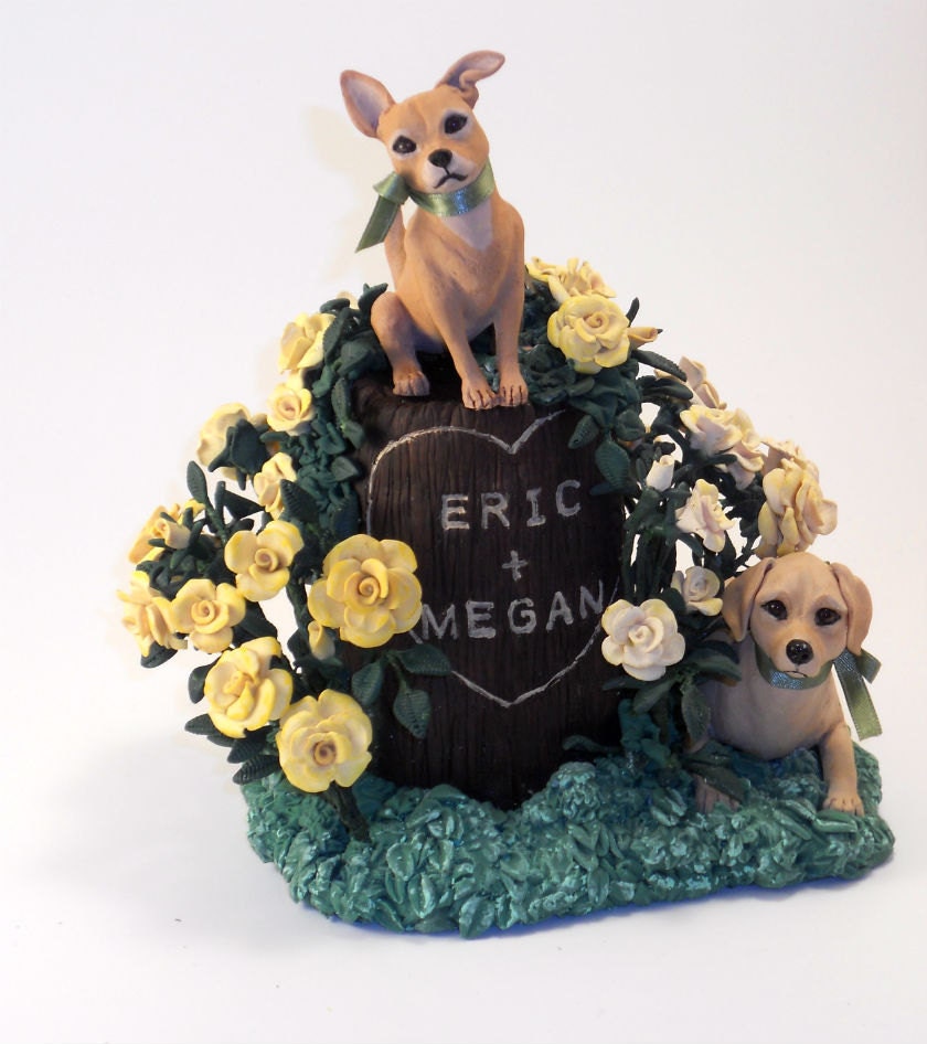 Large Wedding Cake Topper Decoration Keepsake Sculpture - Puppies and Roses - Eric and Megan