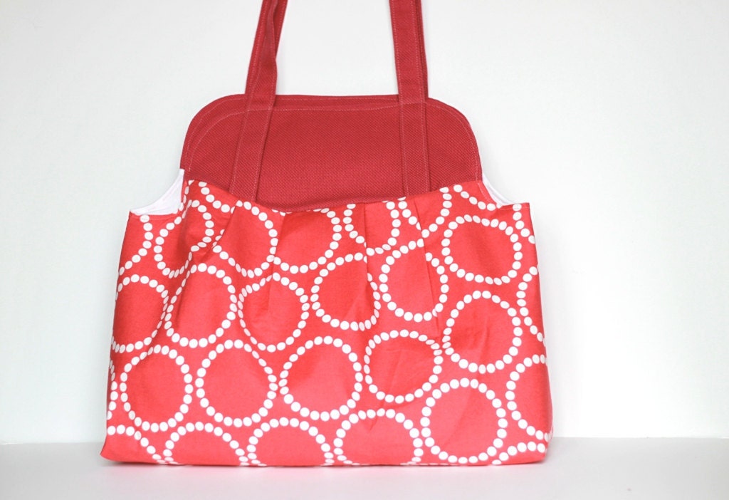Coral Pink Show Off Bag. Oversize Handbag. Deep Coral. Geometric Circles. Autumn Fashion Accessory. Large Tote.