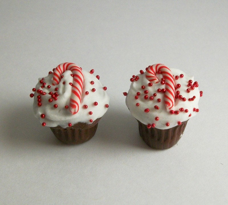 Miniature Christmas Cupcakes - Chocolate with White Frosting, Red Sprinkles, and Candy Canes - Set of 2 for Fashion Dolls