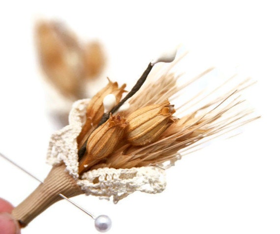 Wedding boutonniere, winter wheat and vintage lace