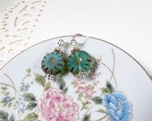 Rustic Blue Green Czech Glass Flower Earrings : iridescent opal Picasso beads, surgical steel - Summer SALE 20% off