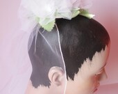 Bridal Veil White Tulle Roses and Green Leaves on Comb.