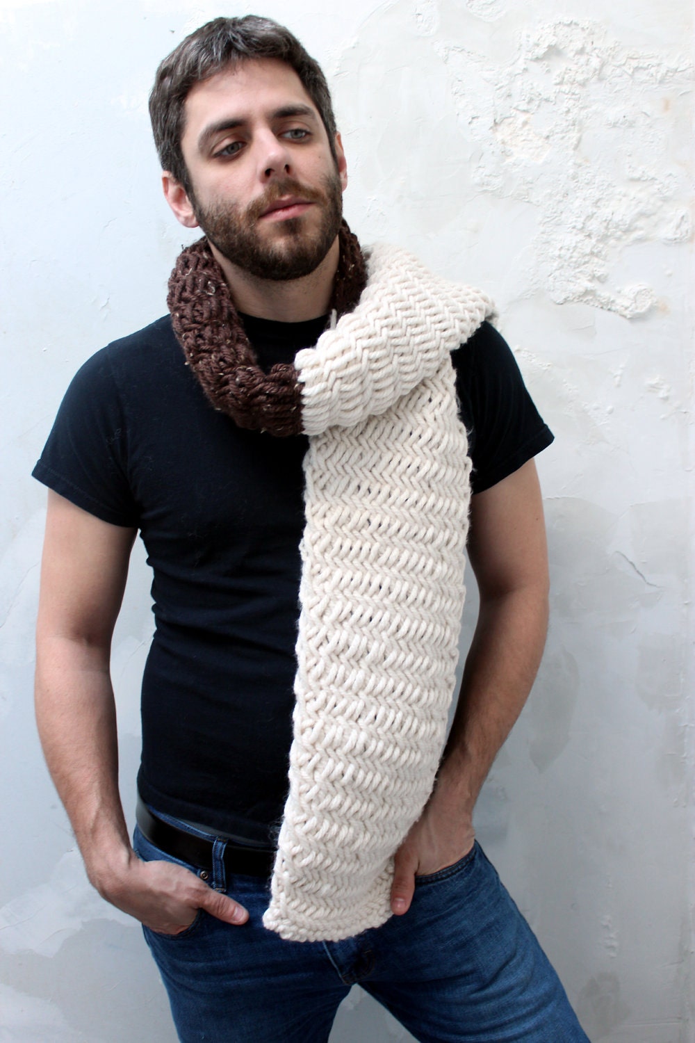 Sale - Herringbone Colorblock Scarf in Cream/Brown - Ready to Ship