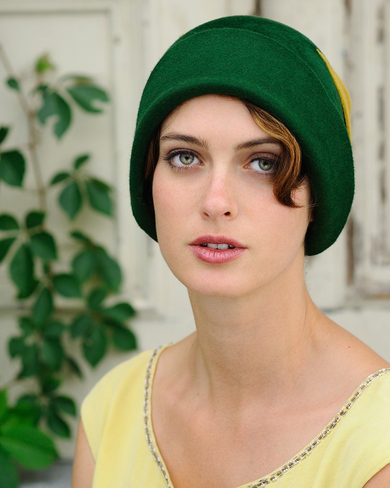 Green Cloche - vintage yellow detail- made to order