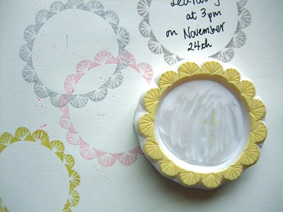 scalloped gift tag rubber stamp. hand carved rubber stamp. hand carved stamp. journaling rubber stamp. circle rubber stamp. no5